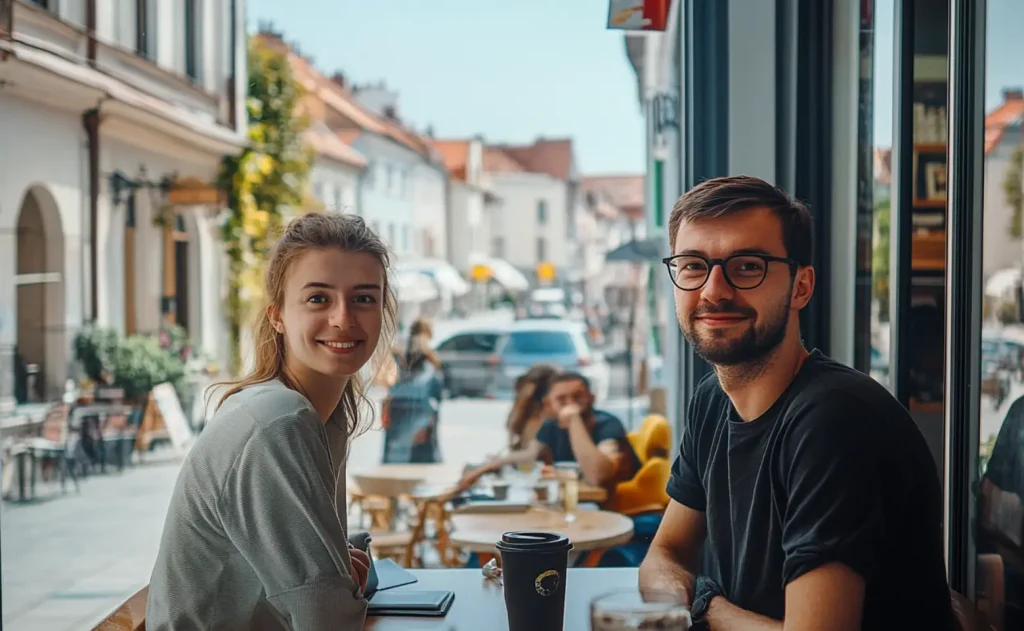 man and a woman eating near by the new cafe and coworking place in Lviv Ukraine